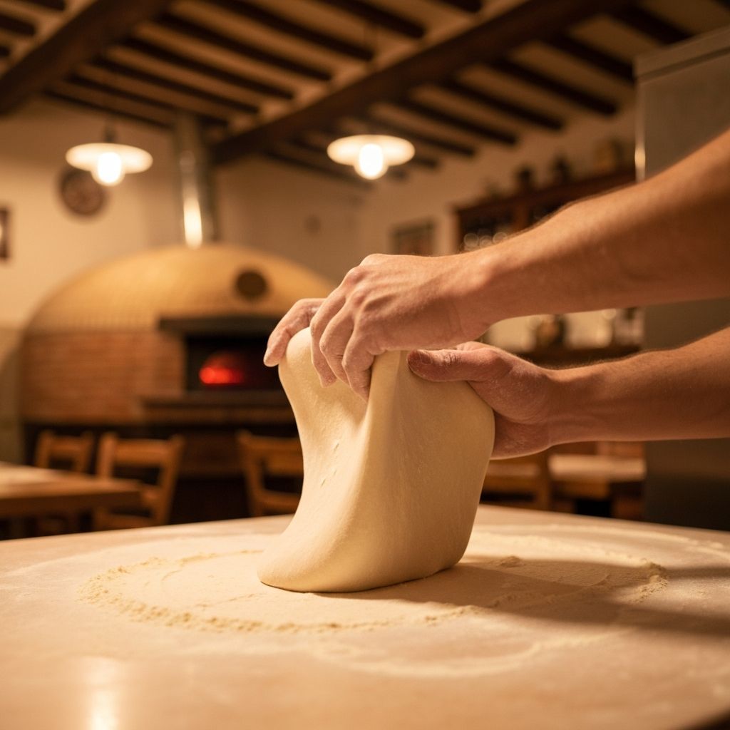 Stretching fresh pizza dough